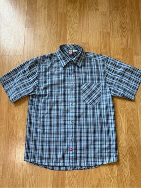 OP Youth' s  Short-Sleeve Plaid Button-Down Shirt - Light Blue & Black - Size M